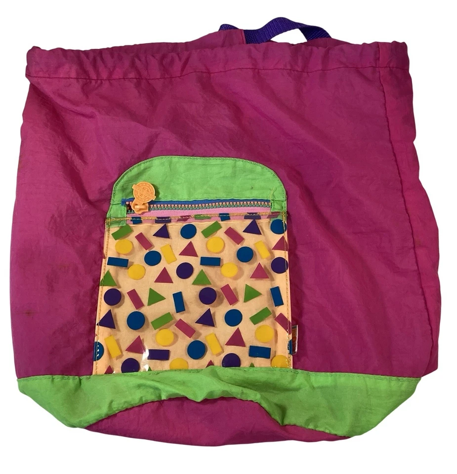 80s Style Backpack Pink Geometric Bookbag Cinch Tote Retro Colorful Festival Y2K - Image 2 of 4