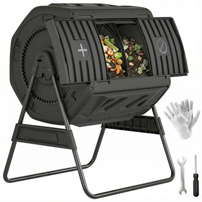 Compost Bin Outdoor, 53 Gal Dual Chamber Tumbling Compost, Black