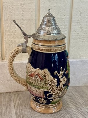 Vintage German Beer Stein Pewter Lid Ceramic Relief Alpine Scene Auf der Alm 0.5