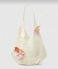 Cream Woven Women's Shoulder Bag with Flower, Bow, Starfish Accents