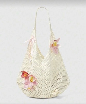 Cream Woven Women's Shoulder Bag with Flower, Bow, Starfish Accents