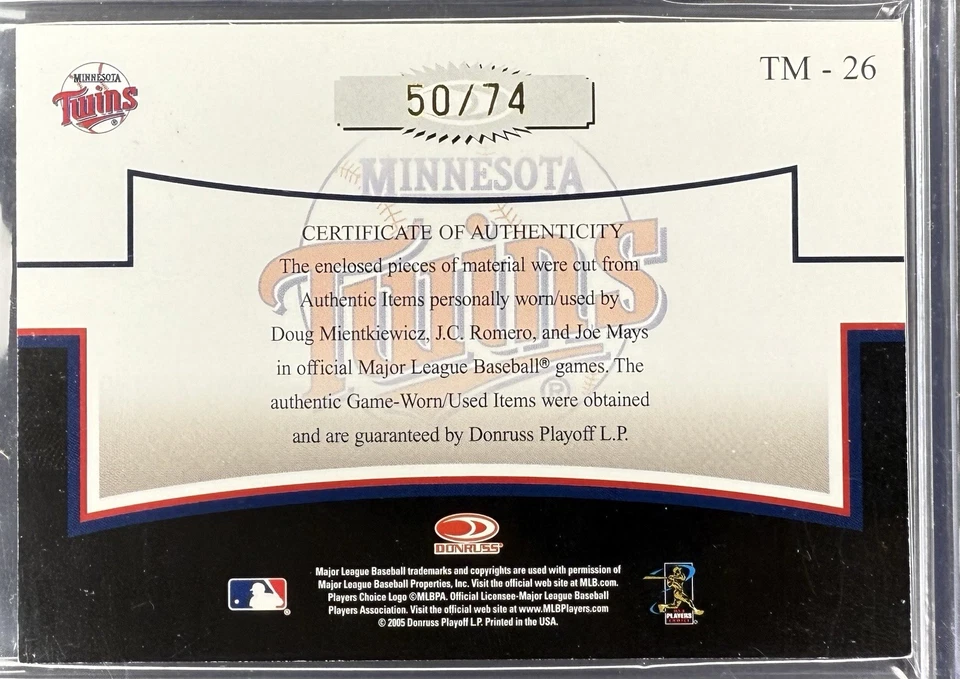 2005 Prime Patches Mientkiewicz, Romero, Mays Team Materials Triple  Jersey /74 - Image 2 of 2