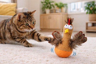 Katzenspielzeug Steh-auf-Huhn mit Federn und Sound Spielzeug*