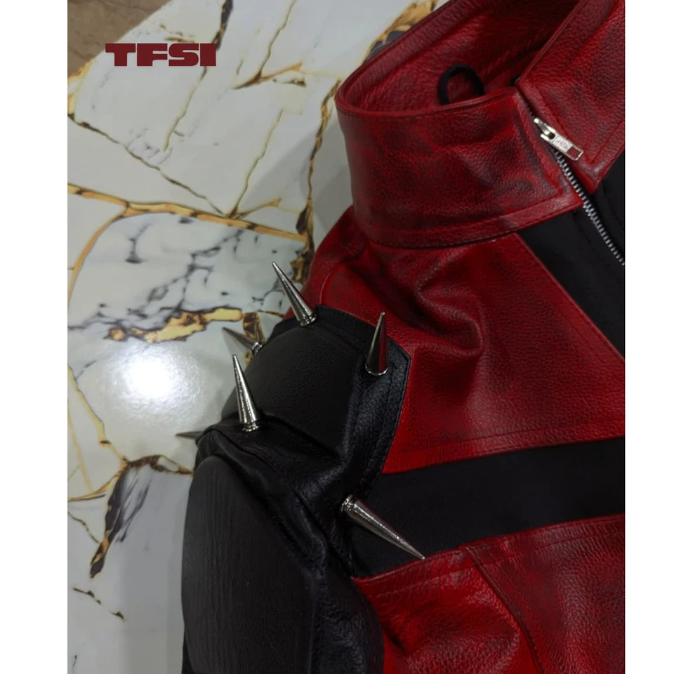 Pelle Pelle Men’s Custom Studded Red Leather Biker Jacket - Image 2 of 4