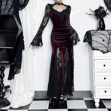 Lady Gothic Lace Long Dress Sheer Mesh Sleeve High Slit Evening Gown Party Retro