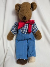 Antique 1940s Teddy Bear Amber Glass Eyes Felt Pads Denim Overalls Plush 14" Toy