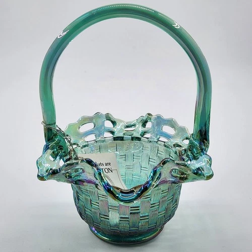 Fenton Art Glass Opalescent Willow Green Ruffled Basket with Handle