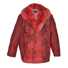 New Red Men's Real Persian Lamb Fur Jacket Winter Coat Real Fox Fur Collar Men