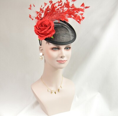 KY Derby Rose Red Feather Sinamay Disc Hat Wide Brim Formal Fascinator Red Kentucky Derby Fascinator, Red Wedding Hat, Red Royal  main image 4