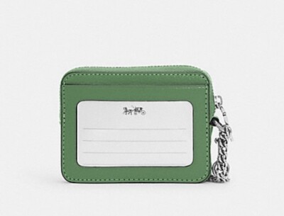 💚Coach Zip Card Case - Soft Green / Silver Refined Pebble Leather