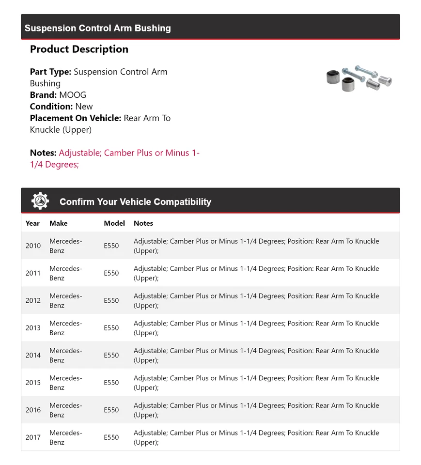 Buje de brazo de control de suspensión MOOG 2010 2011 para Mercedes-Benz E550 2010-2017 Foto 2 de 3