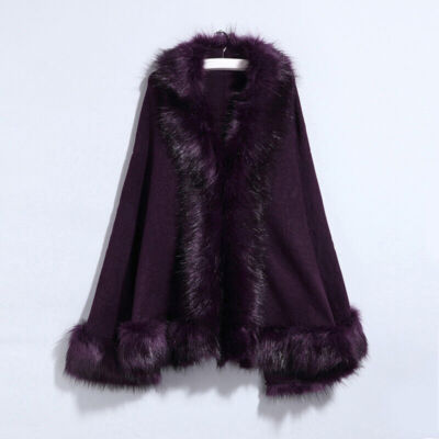 Womens Faux Fur Patchwork Furry Poncho Outwear Winter Warm Loose Cloak Cape Coat