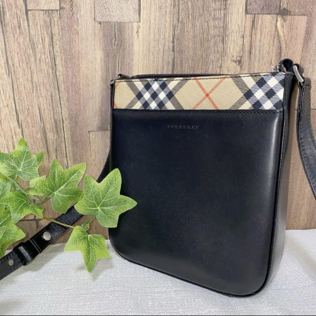 Burberry Shoulder Bag Nova Check Leather Black Authentic F1205343