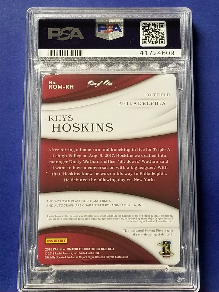 Rhys Hoskins - 2018 Immaculate Rookie Autograph Quad Relic Black Plate PSA 8   - Image 2 of 2