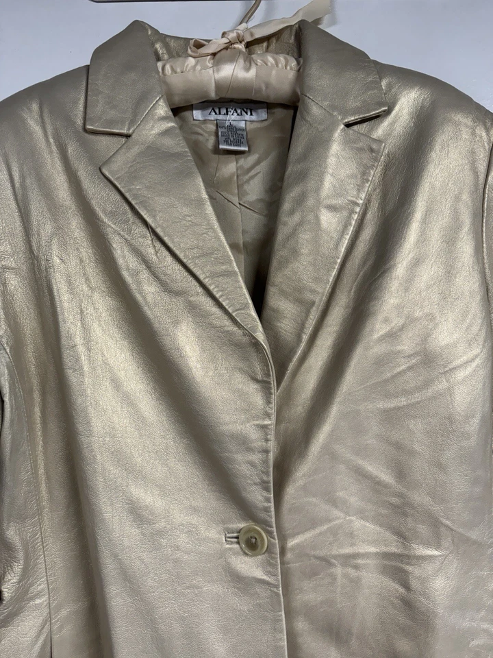 Alfani Lamb Leather Jacket Gold Shimmer Pearl Metallic Blazer Large - Image 2 of 4
