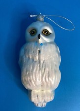 Snowy White Owl Christmas Ornament Blown Glass Sparkles 6"