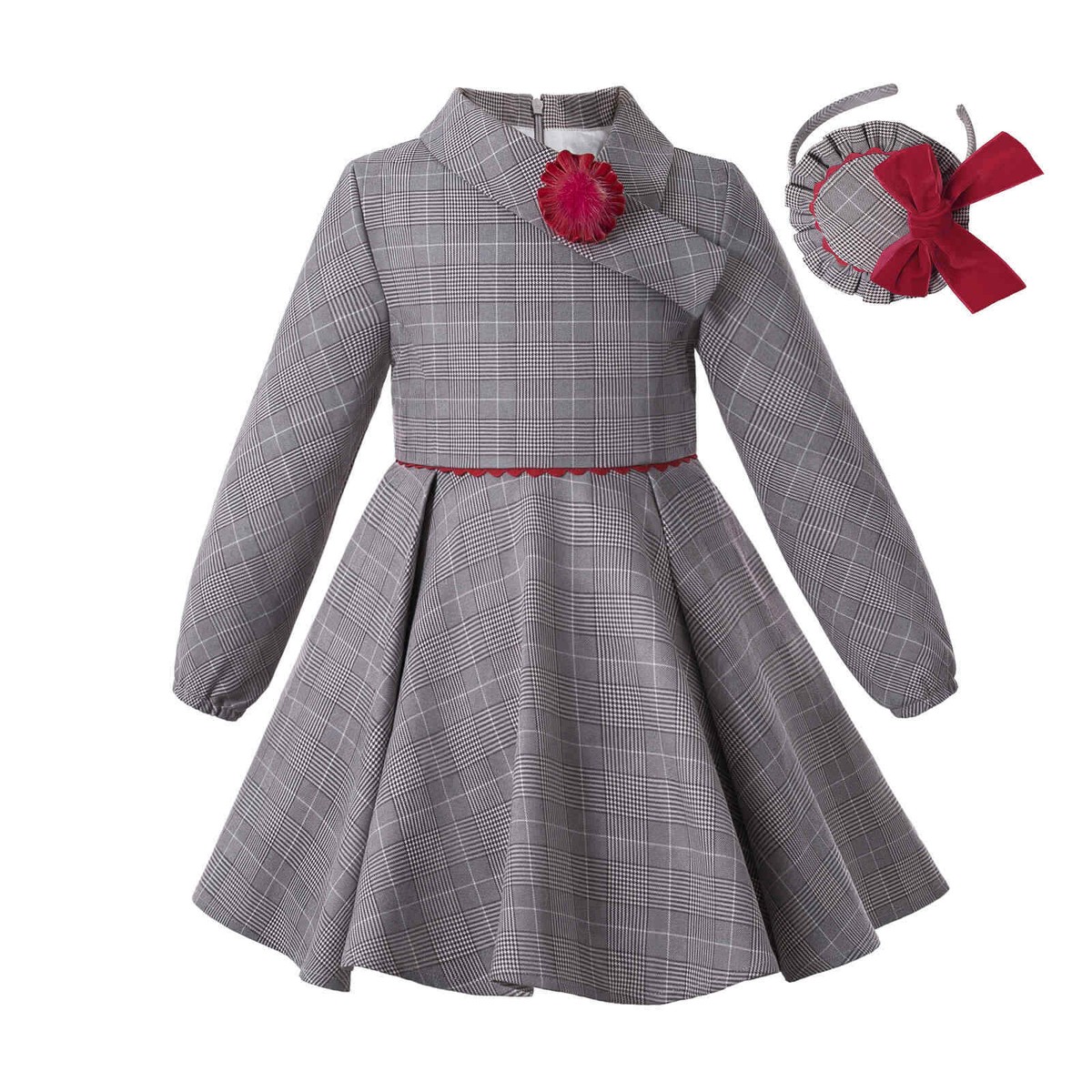 3-12Y Girls Grey Tartan Dress Red Bow Long Sleeve Xmas Party Dress w/  Headband