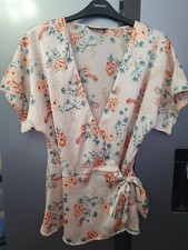 New Look Blouse Wrap Top UK10 Pink Satin Floral Surplice Neck Ruffled Polyester
