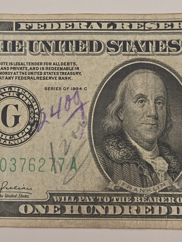 1934C One Hundred $100 Dollar Federal Reserve Note G Chicago, IL - Image 3 of 4