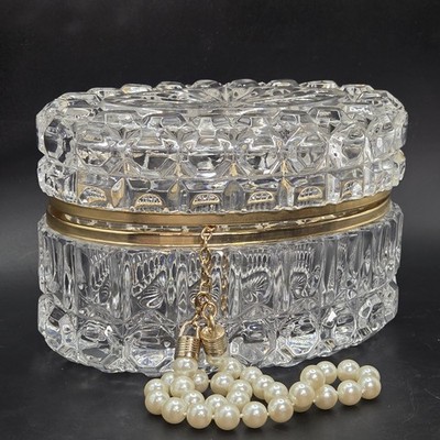 Antique Oval Heavy Cut Crystal Jewelry Casket Brass w/ Kissaka Vintage Necklace