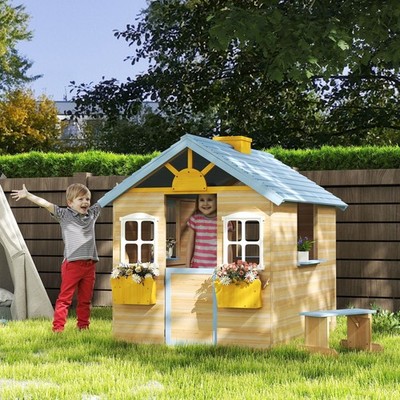 Wooden Kids Playhouse, Garden Pretend Play Games, w/ Flowers Pot Holder