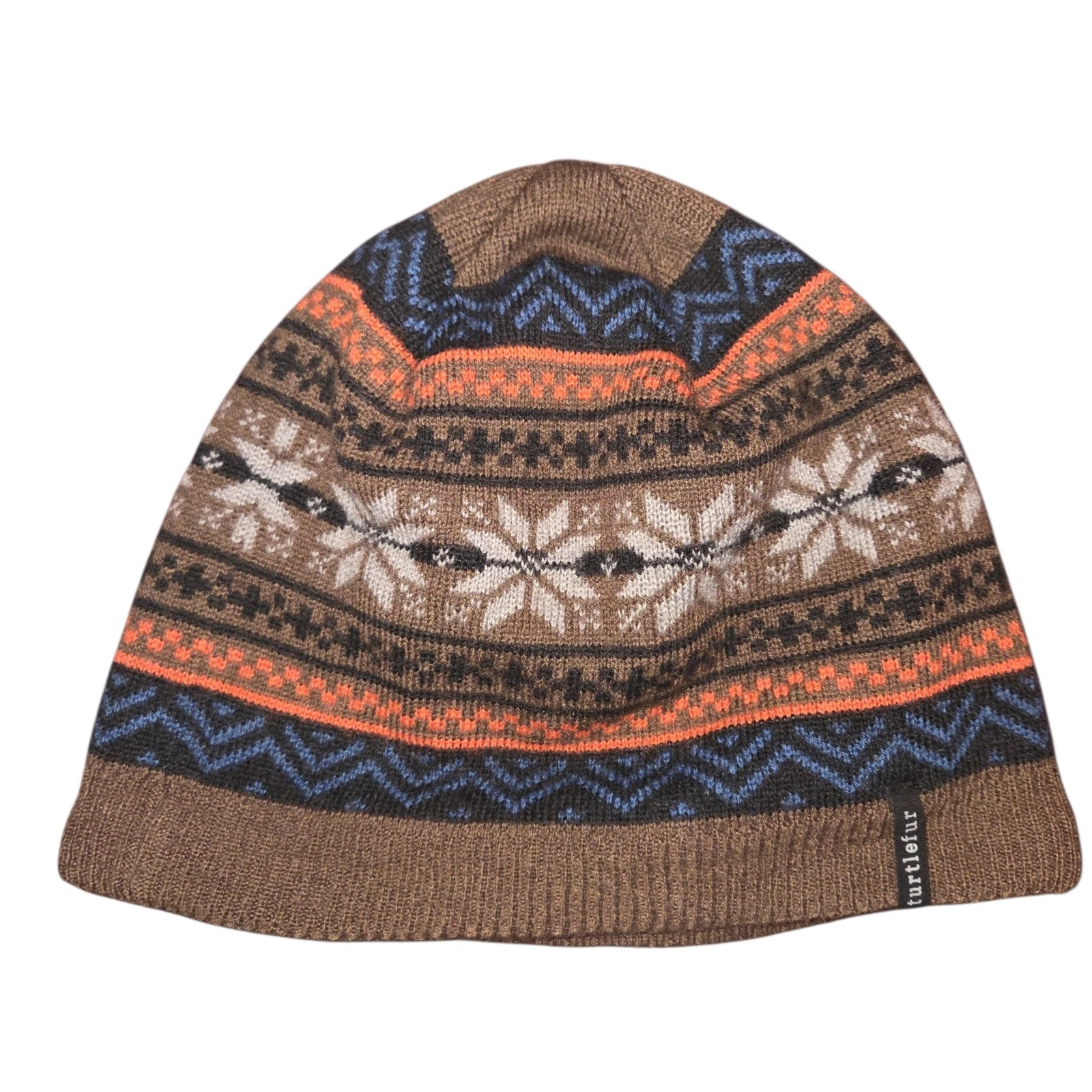 Turtle Fur Merino Wool Blend Beanie Hat Brown Fair Isle Snowflake Fleece Lined