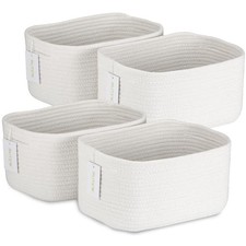 4-Piece Storage Baskets - Woven Cotton Rope Bins for Organizing, White