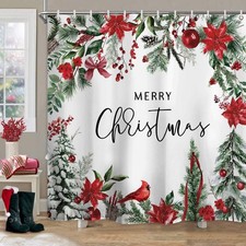 Merry Christmas Shower Curtain Christmas Tree Poinsettia Ornaments Winter Car...