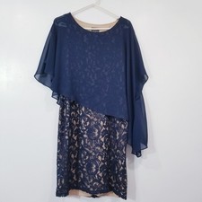 Adrianna Papell Women size 10 Navy Blue Chiffon-Overlay Lace Sheath Dress