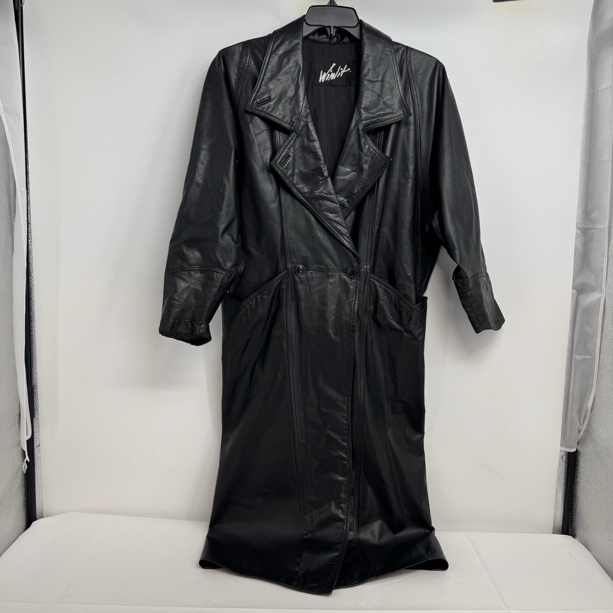 Vintage Winlit Size M 80s /90s Black Leather Trench Coat. Tapered
