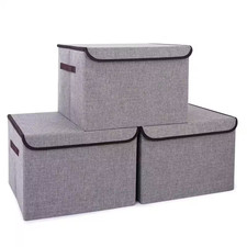 Gray 16.7 In. X 12 In. Linen Fabric Foldable Storage Bins with Lids Set of 3 for