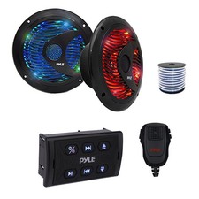 Pyle Marine Bluetooth Controller w/Mic, 2x 6.5'' 150W LED Speakers Black ,Wire