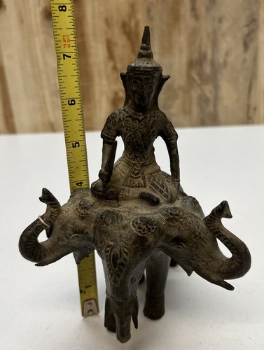 Antique Rare Buddha Riding Three Headed Elephant Bronze Sculpture 7.5” - Picture 7 of 7