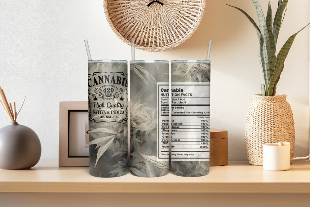 Tumbler Skinny 20oz  w/ Lid & Straw  Weed Leaf Cannabis Marijuana Travel Mug 420