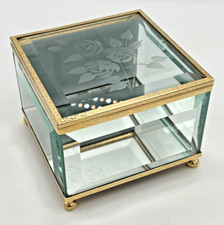Crystal Glass Mirrored Jewelry Trinket Box Beveled Footed Etched Flower Embossed