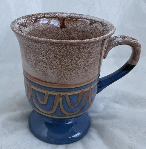 VTG Footed Stoneware Mug 1970’s Japan Blue Brown Drip Glaze