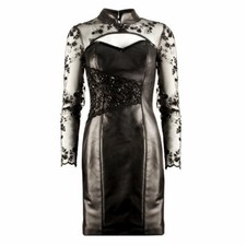 Fitted Black Leather and Beaded Lace Fitted Pencil Dress Sample Sale