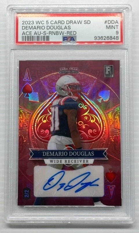 Demario Douglas Wild Card 5 Card Draw Stacked Deck Ace Autographs #DDA Spade-Rainbow Foil-Red