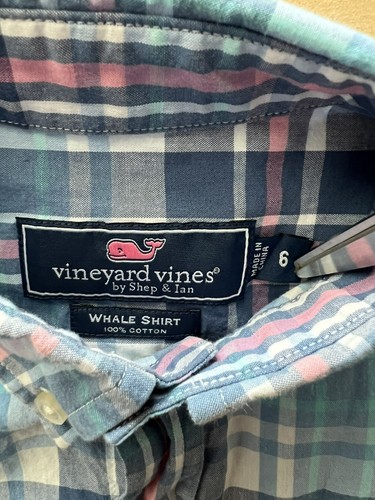 Vineyard Vines Boys Long Sleeve Blue Plaid Whale Shirt Size 6 Button Down Oxford - Picture 8 of 16