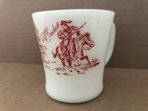 Vintage DAVY CROCKETT Fire King Milk Glass Coffee Mug Cup COWBOY WESTERN scene
