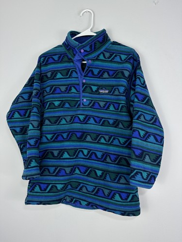 VTG Patagonia Kids Aztec Waves Fleece 1/4 Snap T Pullover Size 12 Made USA READ - Picture 2 of 18