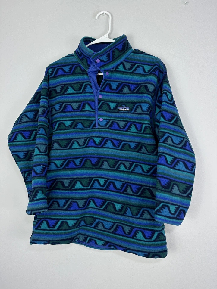 VTG Patagonia Kids Aztec Waves Fleece 1/4 Snap T Pullover Size 12 Made USA READ - Image 2 of 4