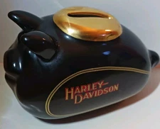Harley Davidson Ceramic Mini Hog Pig Black & Gold Piggy Bank Still Coin Bank