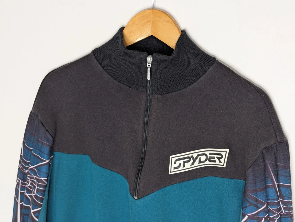 Vintage Spyder Sweater Mens L Black Green Spider Web Padded Ski 1/2 Half Zip - Image 2 of 4