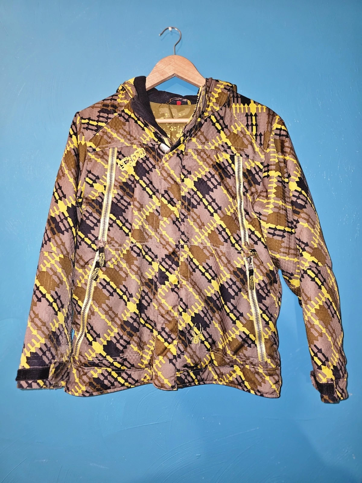Spyder Youth Ski Jacket Boys Size 14 Yellow Gray Hooded Snow Coat Winter Zip
