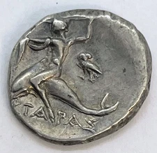 281-240 BC Calabria Tarentum AR Stater Youth Horseback Taras Dolphin Owl Greek