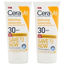 CeraVe Hydrating Mineral Body Sunscreen Lotion with SPF 30 5.0 Ounce Pack of 2