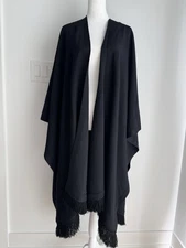 St. John Collection Black Fringe Sweater Shawl Wrap Poncho Cape OS 