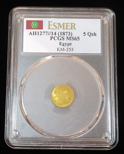 Egypt AH 1277 Year 14 (1873) Gold 5 Qirsh KM-255 PCGS MS-65 - Picture 3 of 4
