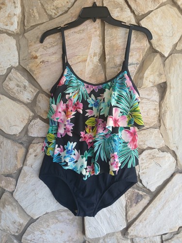 Maxine Of Hollywood 14 Black Tropical Floral Layered One Piece Swimsuit